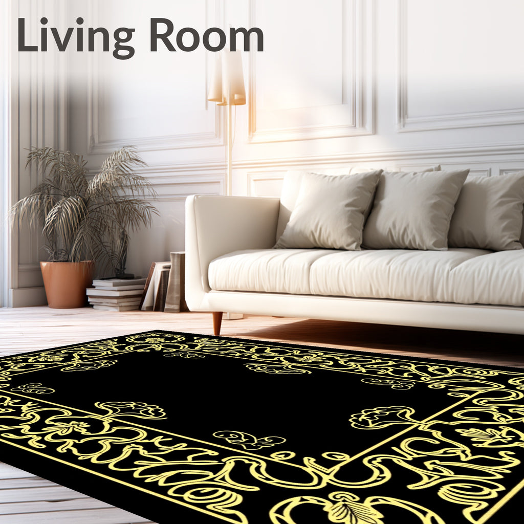 Ornate Yellow Scrollwork Floral Border Rug