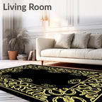 Ornate Yellow Scrollwork Floral Border Rug