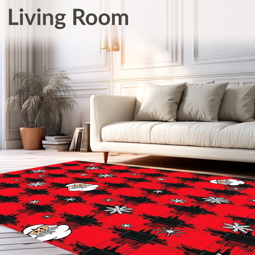 Red Black Plaid Santa Snowflakes Rug