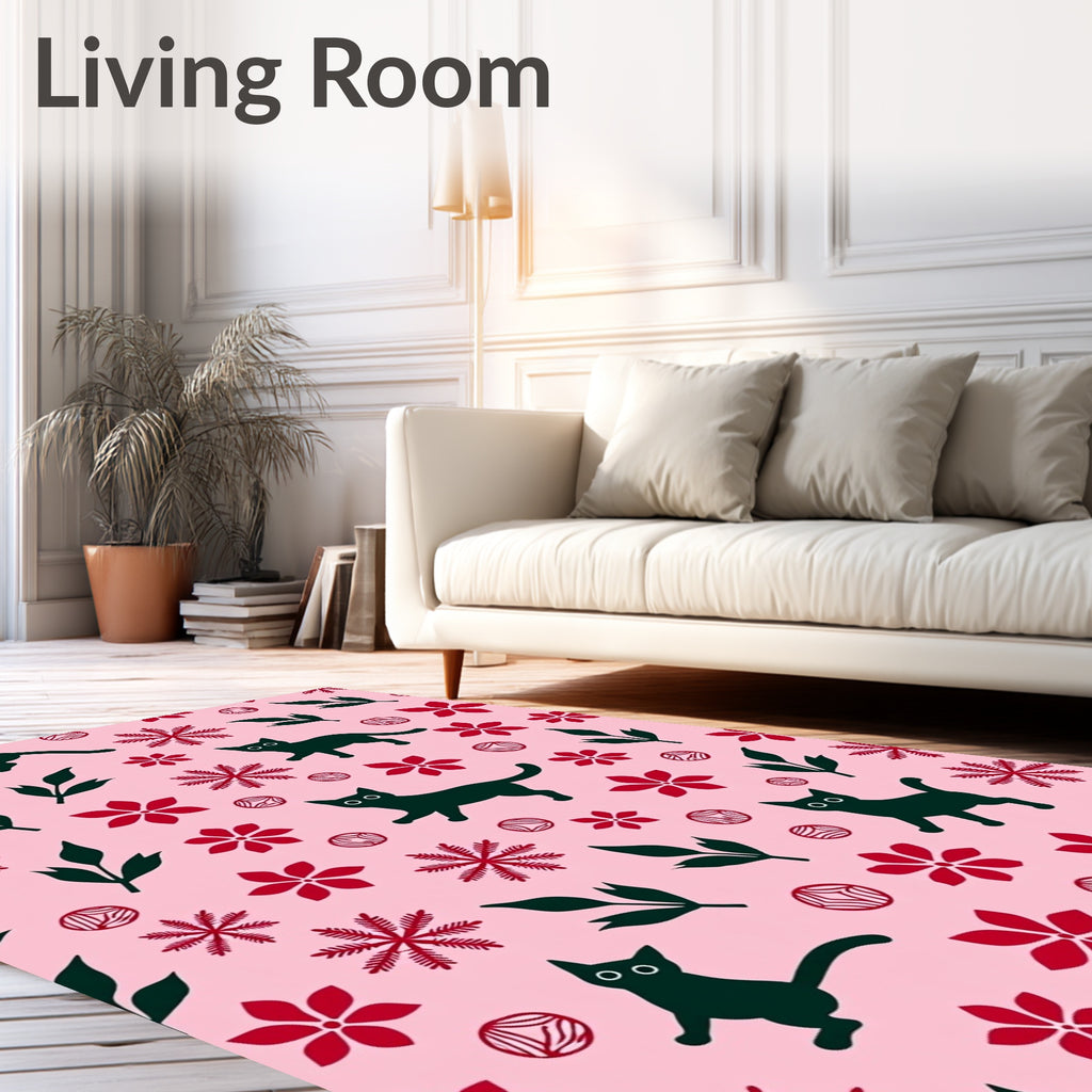 Pink Black Red Cat Floral Snowflakes Rug