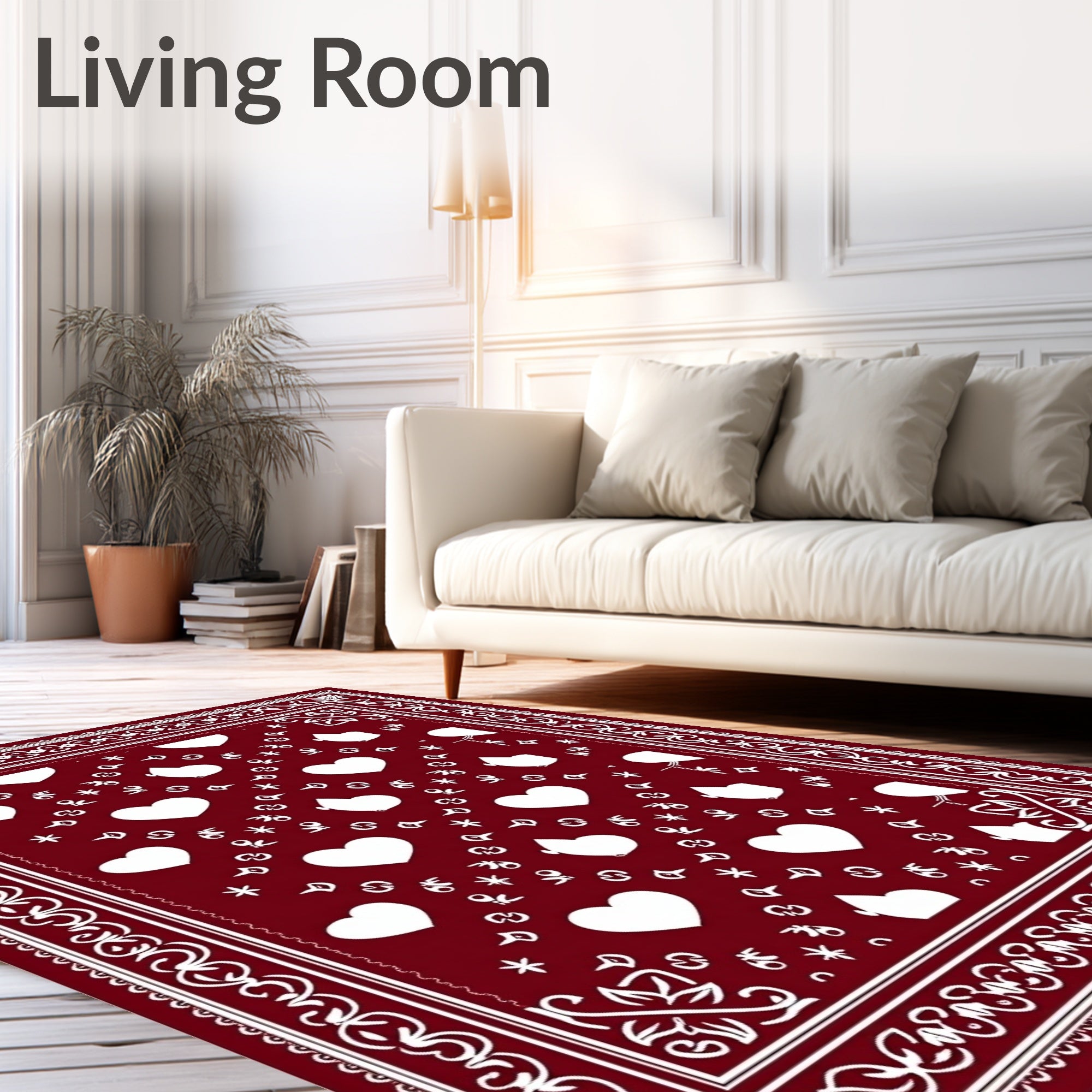 Deep Red White Heart Border Rug