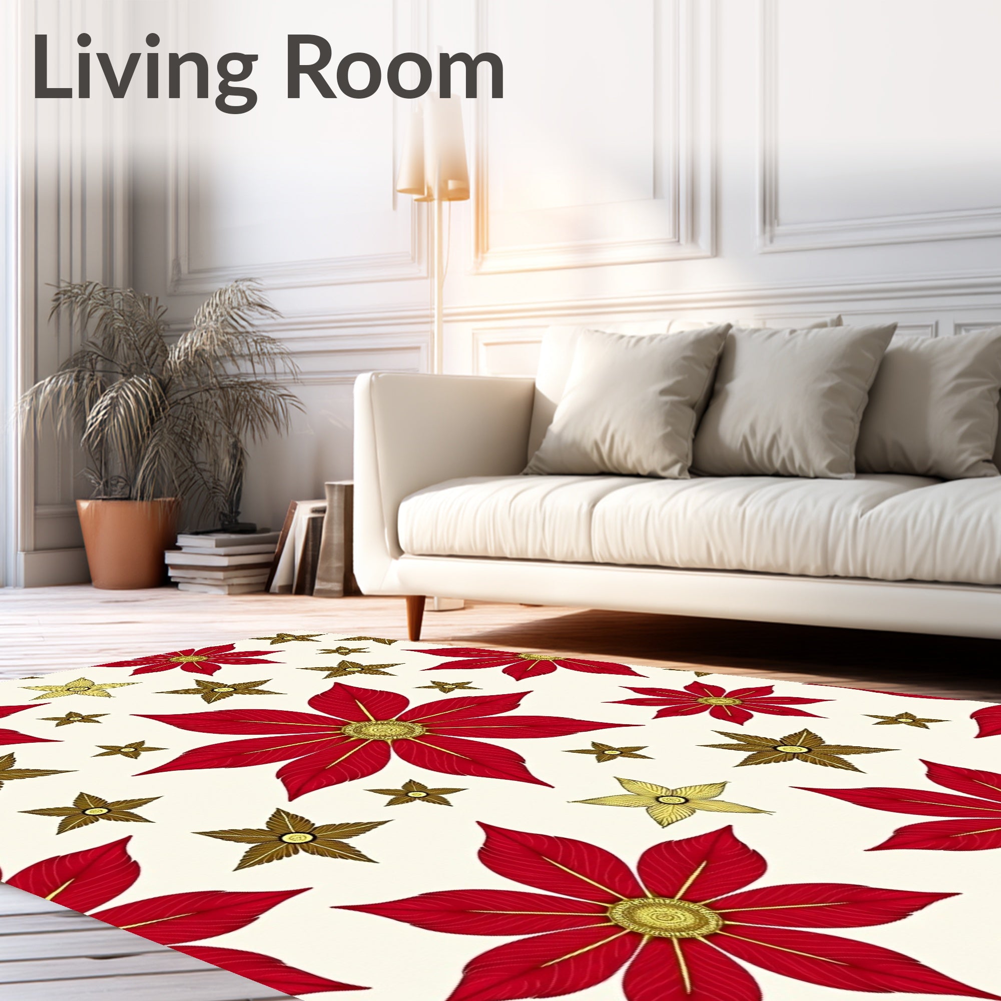 Rich Red Golden Starburst Floral Rug