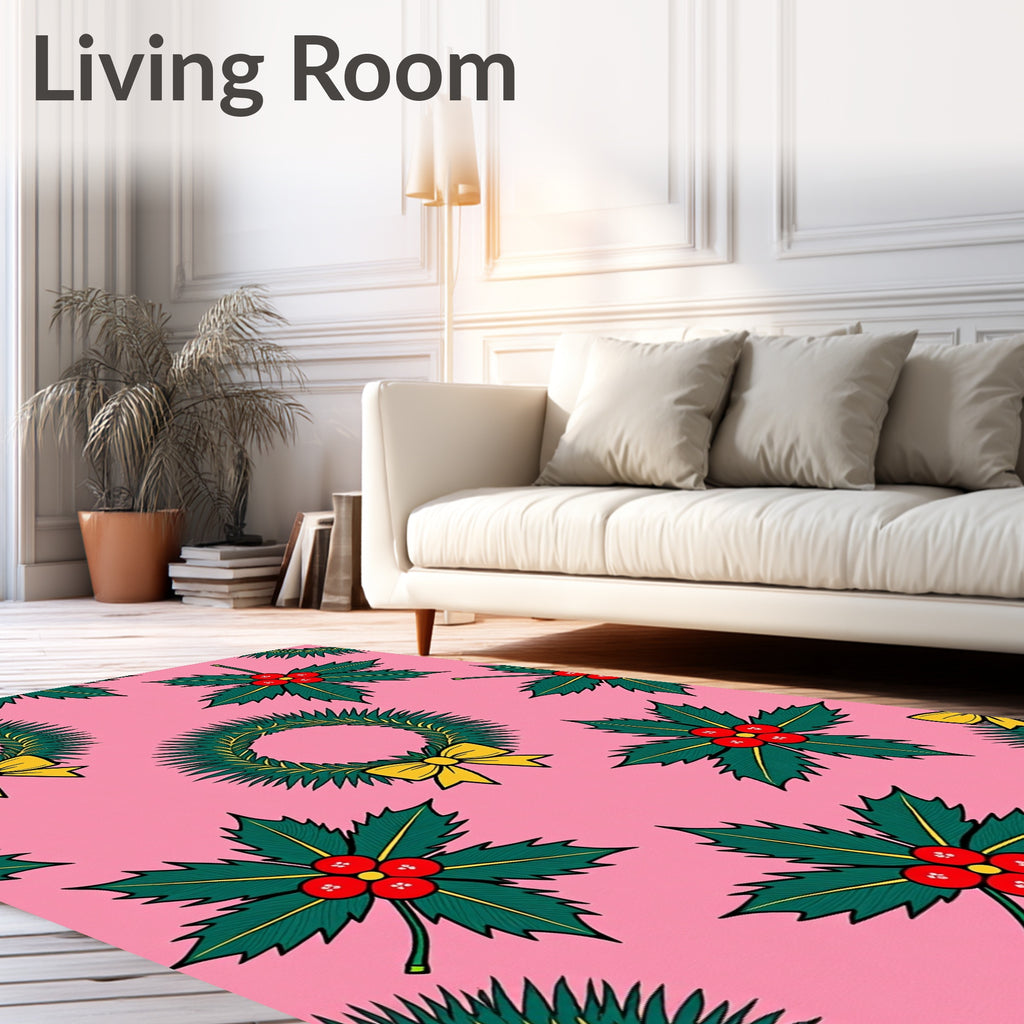 Christmas Wreaths Holly Berries Pink Background Rug