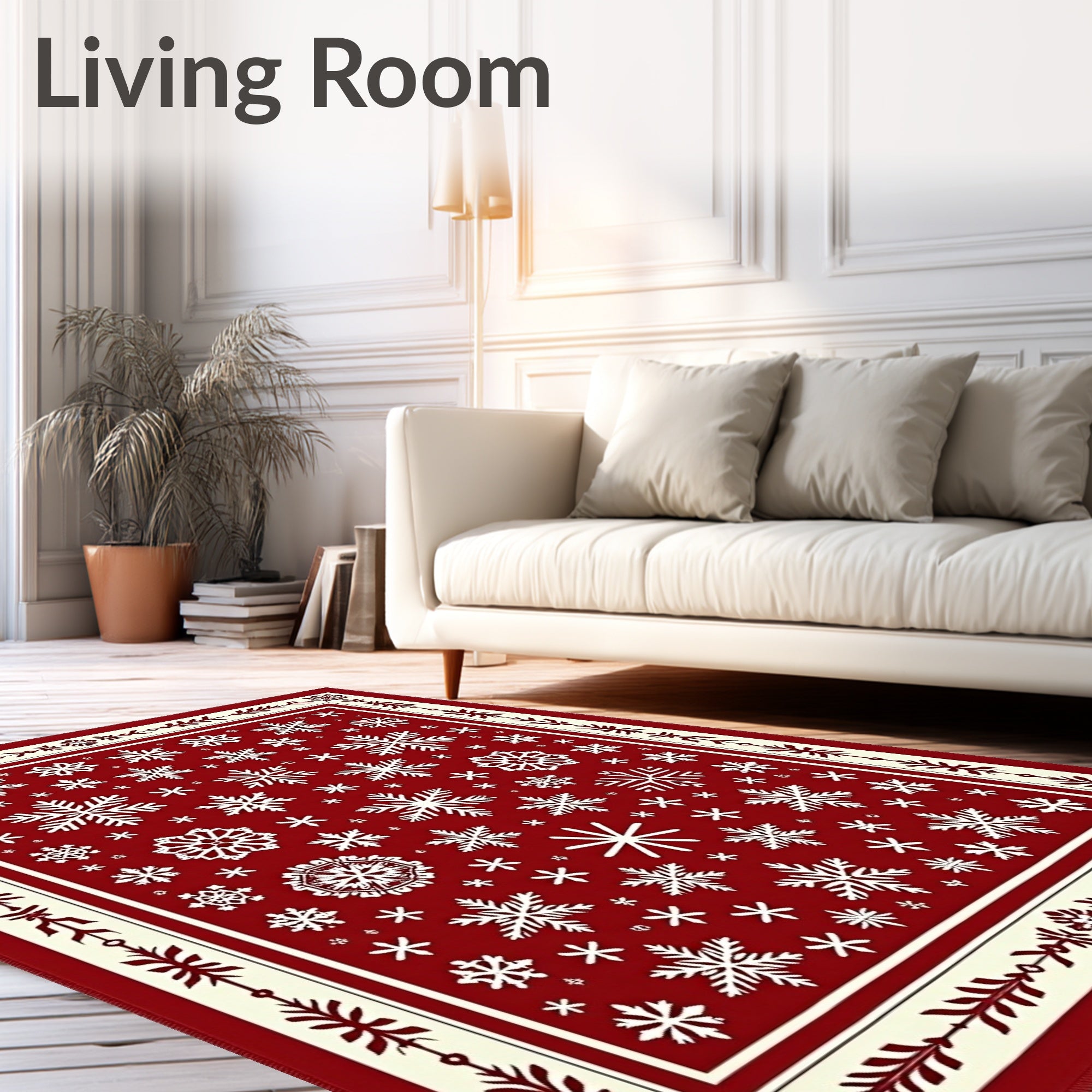Crimson Snowflakes Bordered Festive Rug