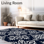 Intricate White Starburst Medallion Navy Rug