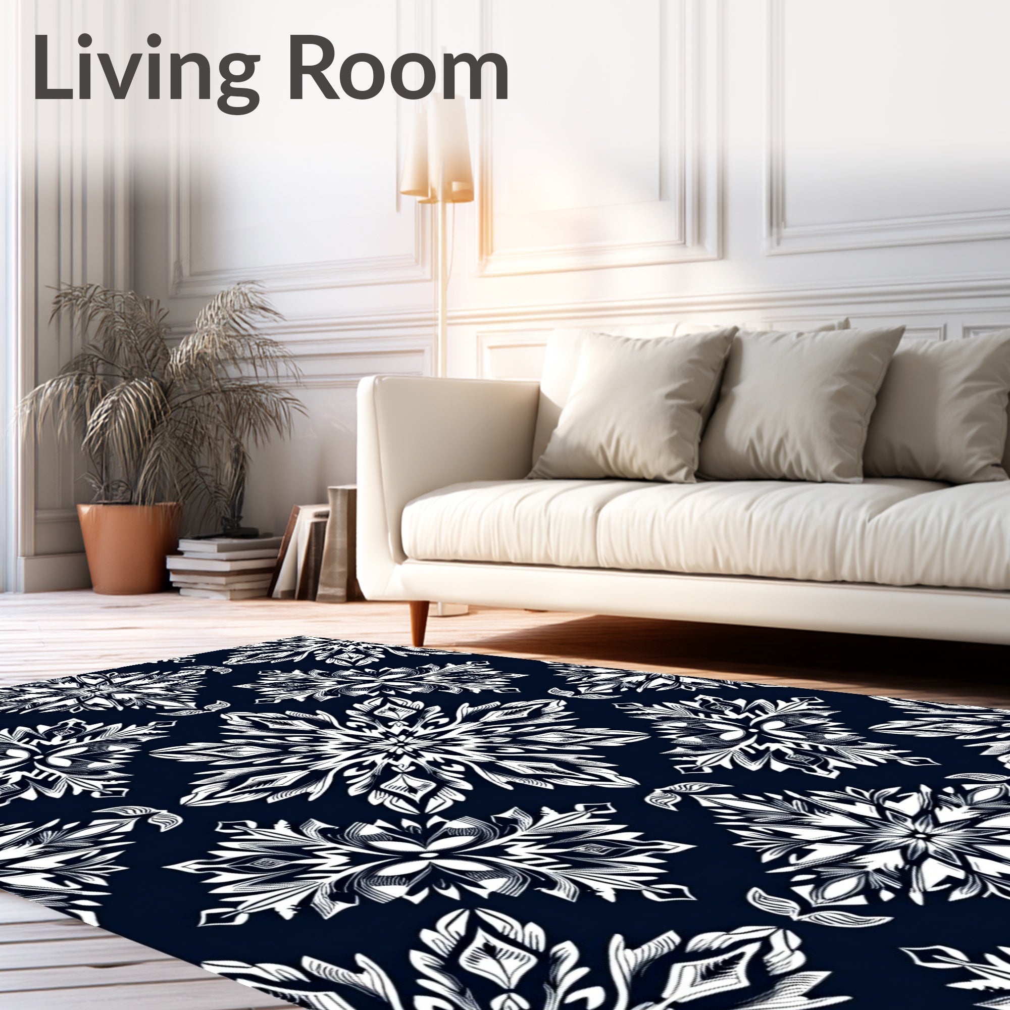 Intricate White Starburst Medallion Navy Rug