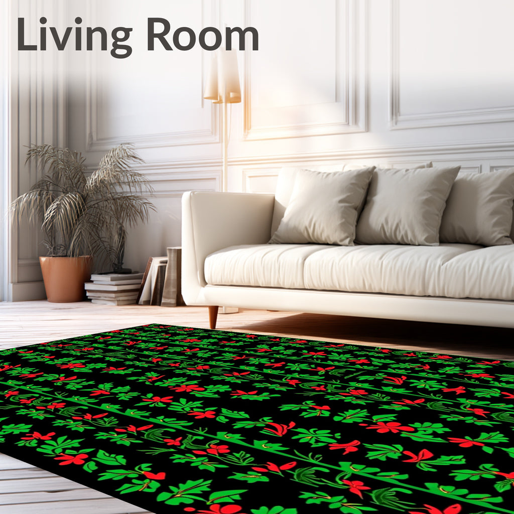 Crimson Red Green Floral Vertical Bands Rug
