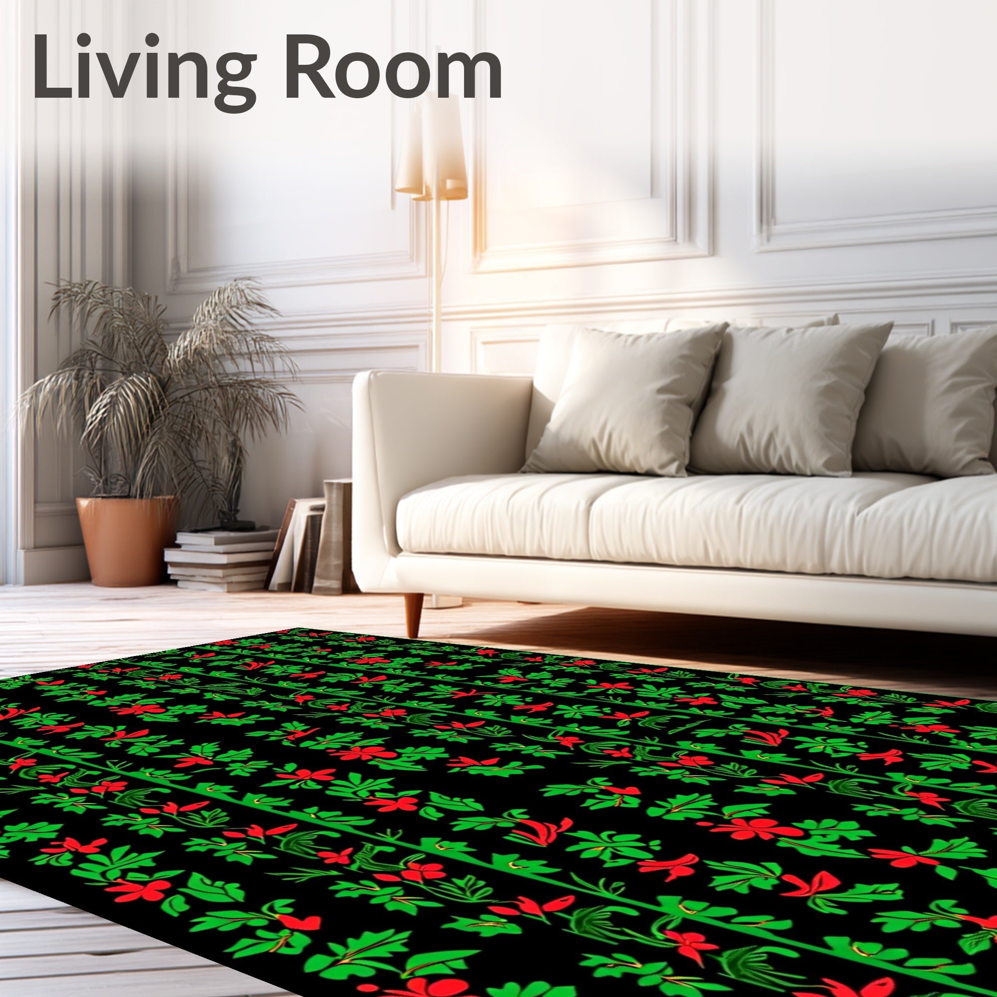 Crimson Red Green Floral Vertical Bands Rug