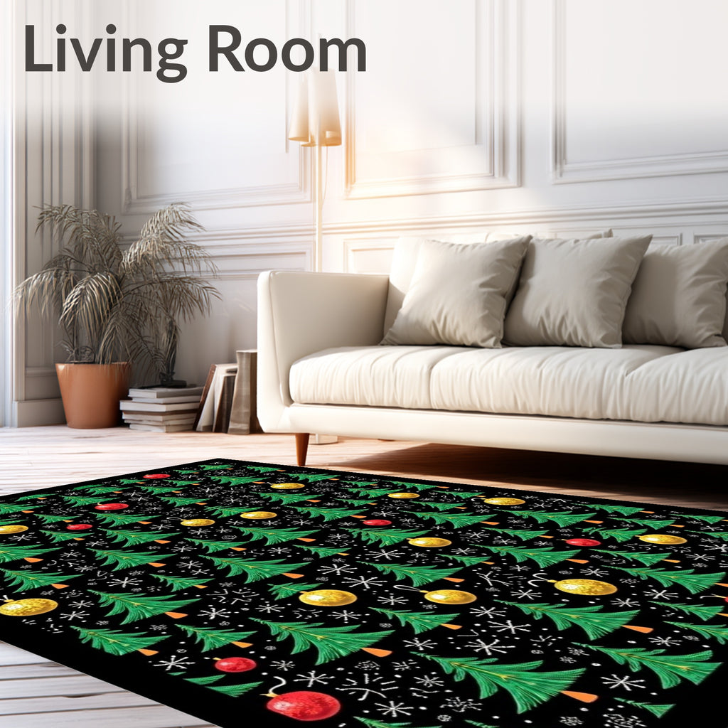 Festive Green Christmas Trees Gold Orbs Rug