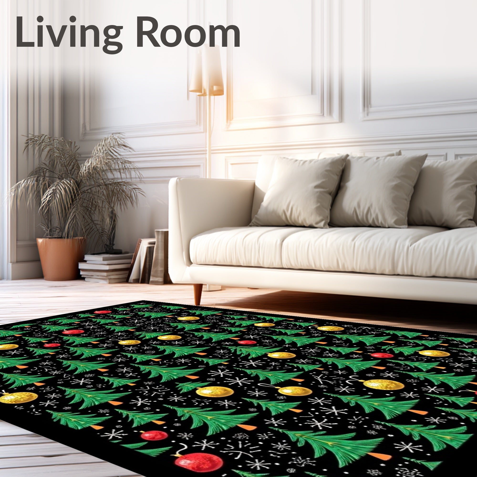 Festive Green Christmas Trees Gold Orbs Rug