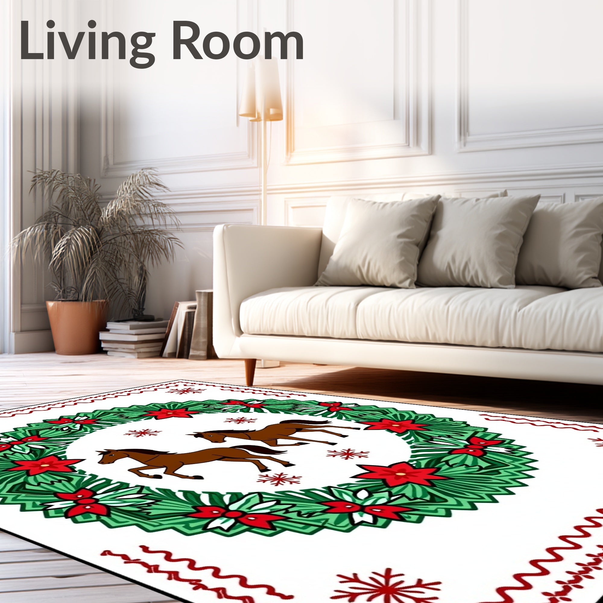 Brown Horses Festive Wreath Red Elements Rug