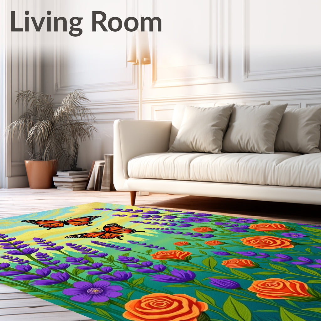 Monarch Butterflies Amidst Lavender Roses Rug