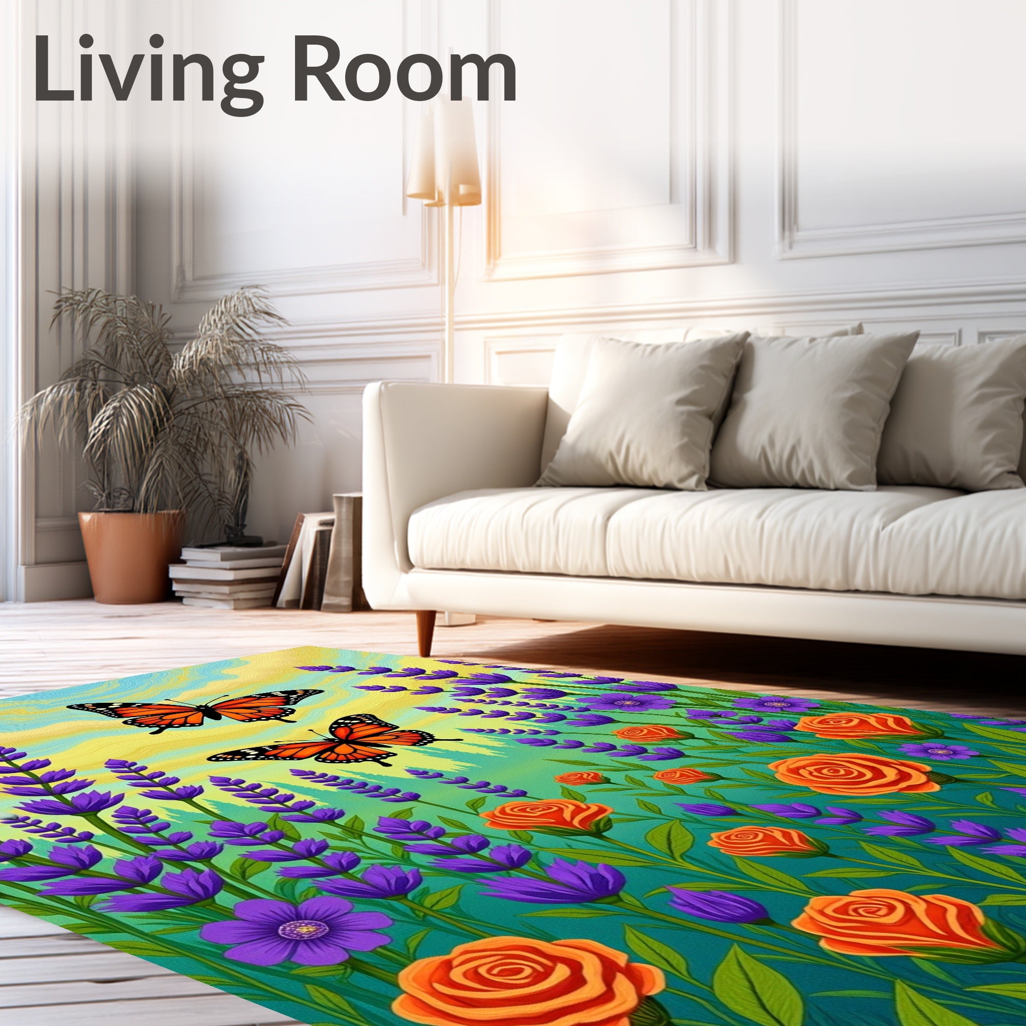 Monarch Butterflies Amidst Lavender Roses Rug