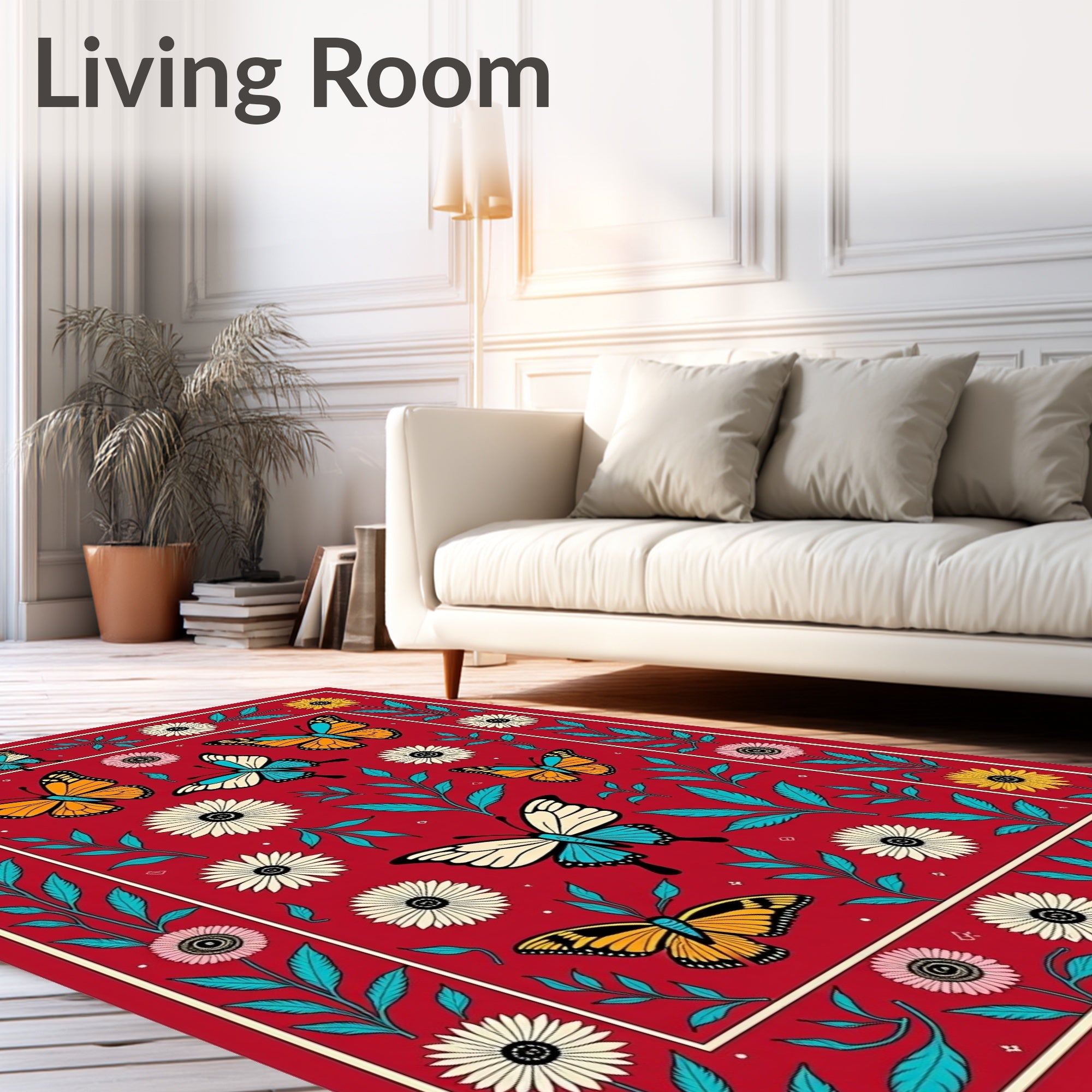 Vibrant Red Butterfly Garden Collage Rug
