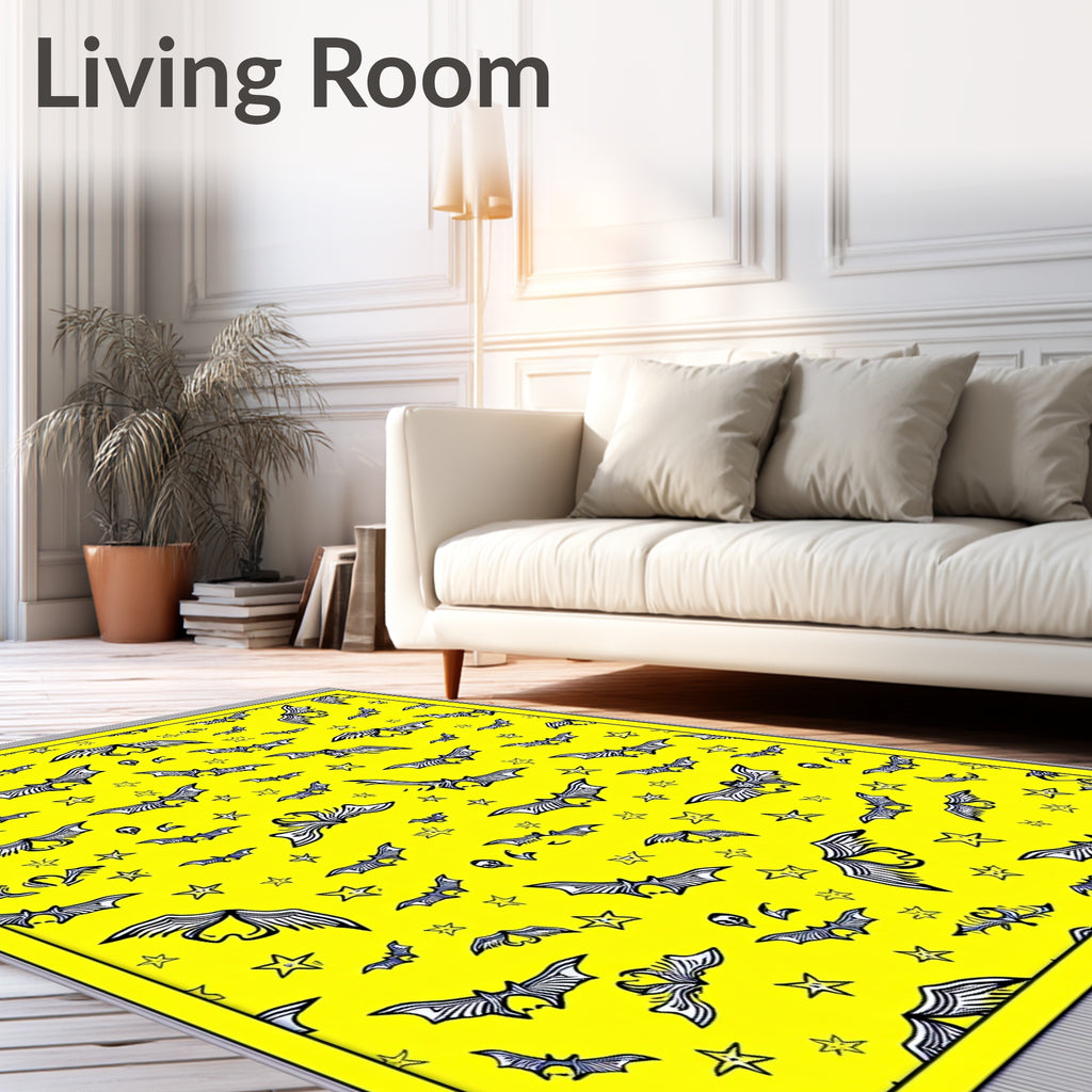 Whimsical Yellow Flying Bats Stars Rug