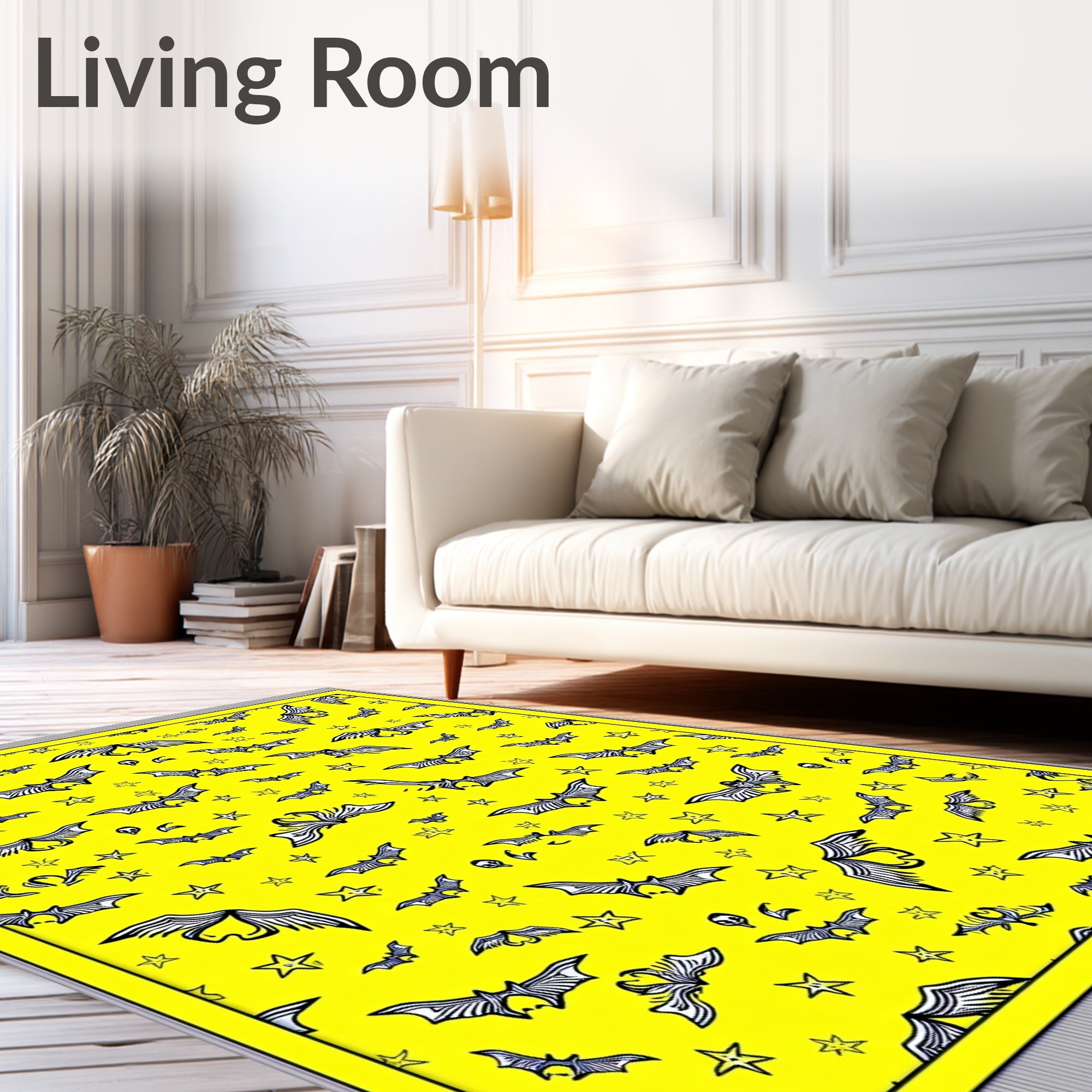 Whimsical Yellow Flying Bats Stars Rug