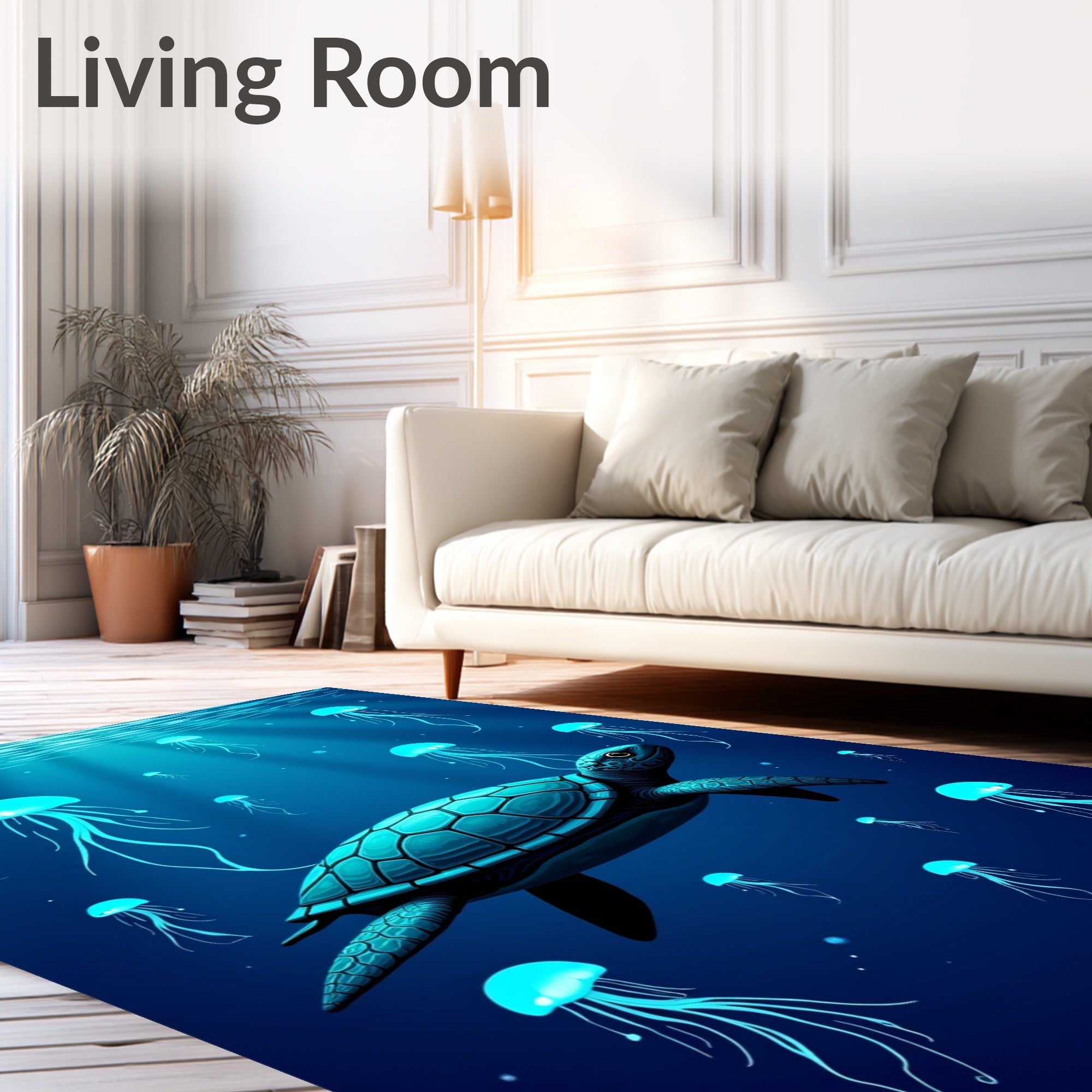 Deep Blue Jellyfish Turtle Ocean Rug