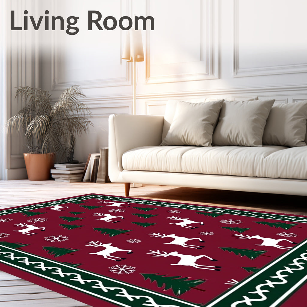Crimson Winter Reindeer Snowflake Trees Rug