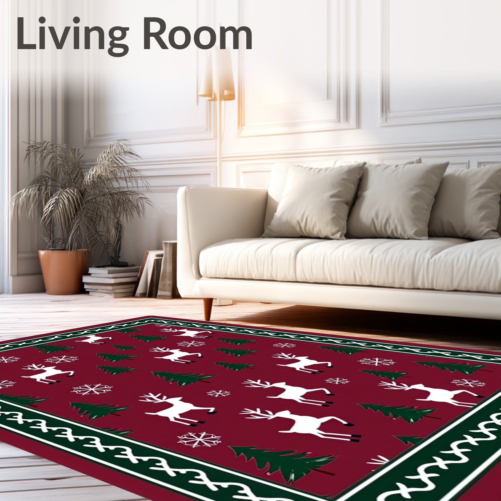 Crimson Winter Reindeer Snowflake Trees Rug