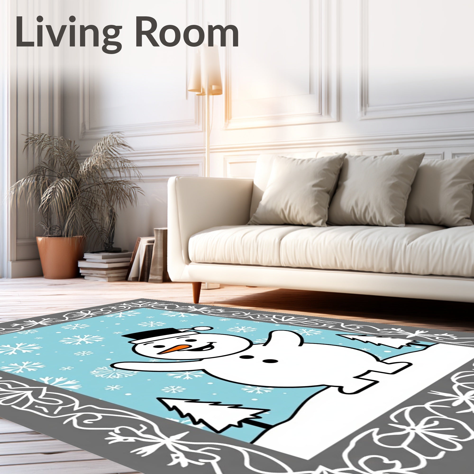 Cheerful Snowman Winter Snowflake Scene Rug