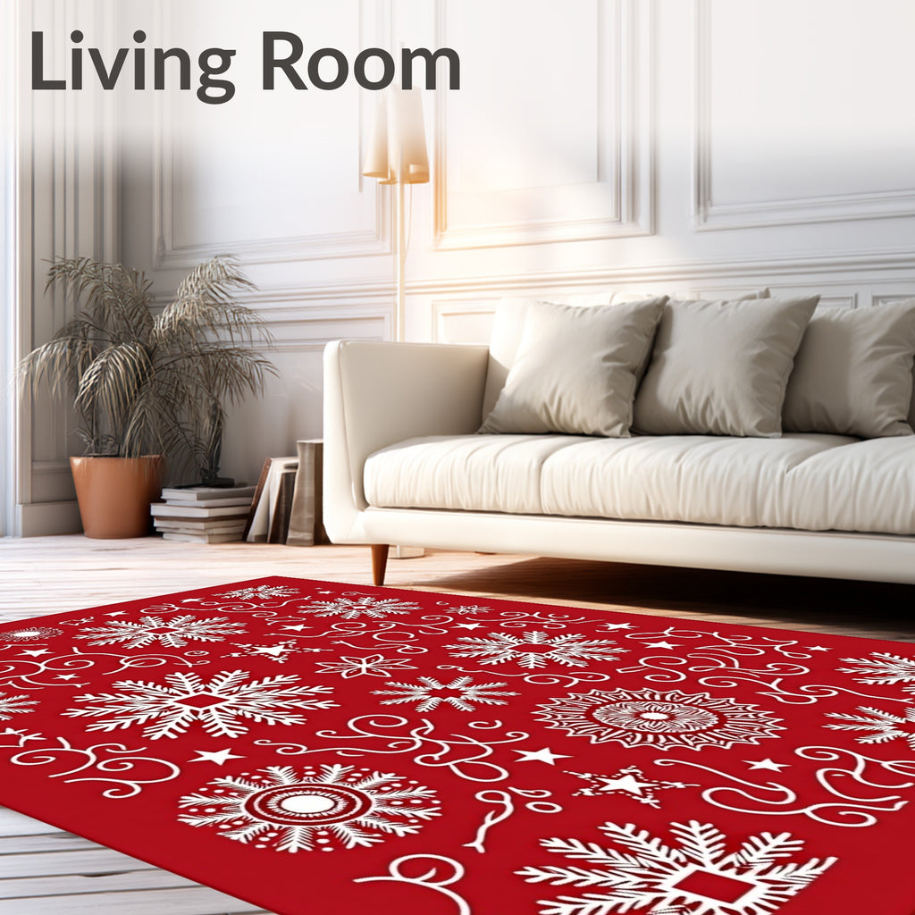 Crimson White Winter Snowflake Medallion Rug