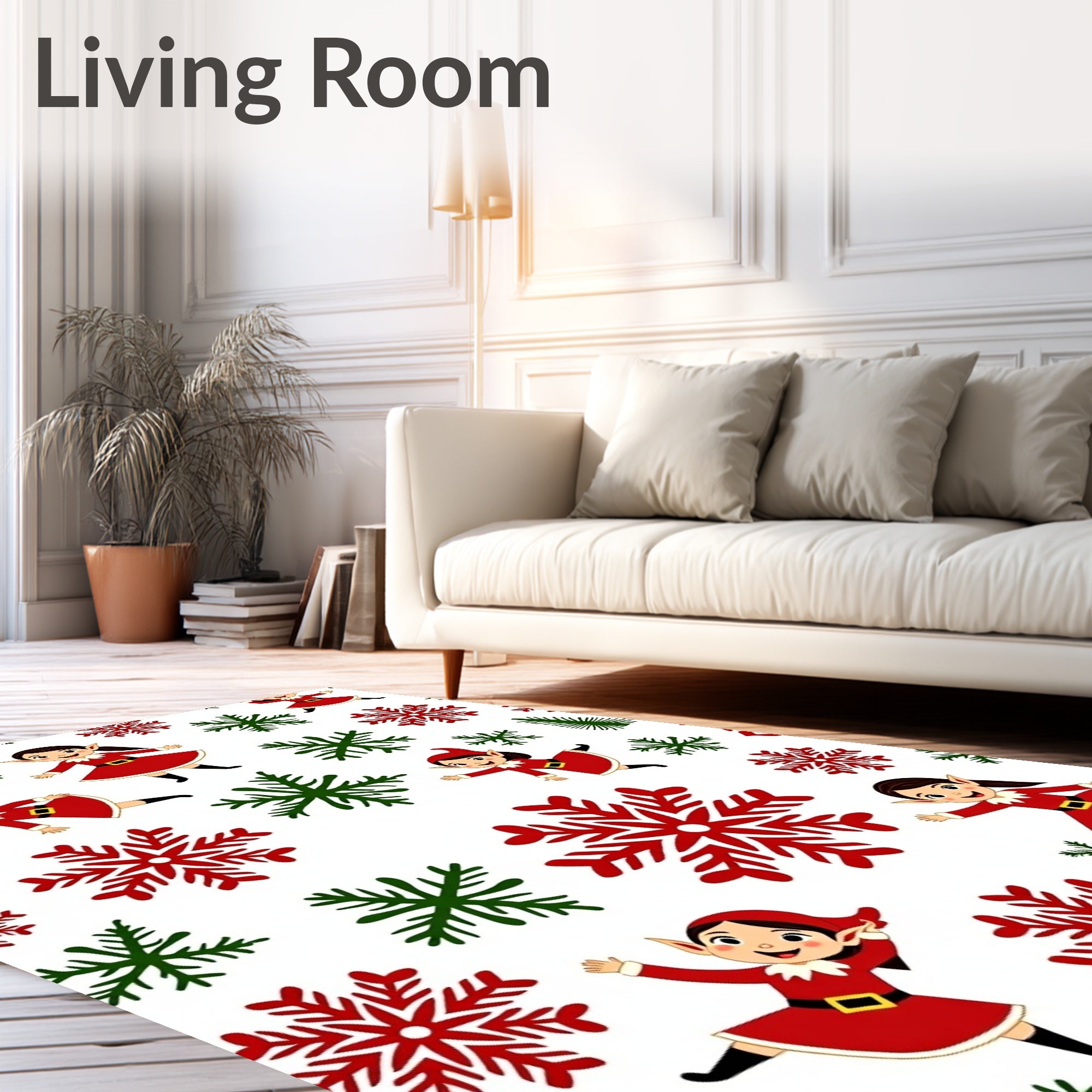 Festive Red Green Elf Christmas Snowflakes Rug