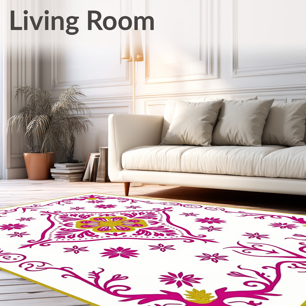 Fuchsia Gold Floral Medallion Border Rug