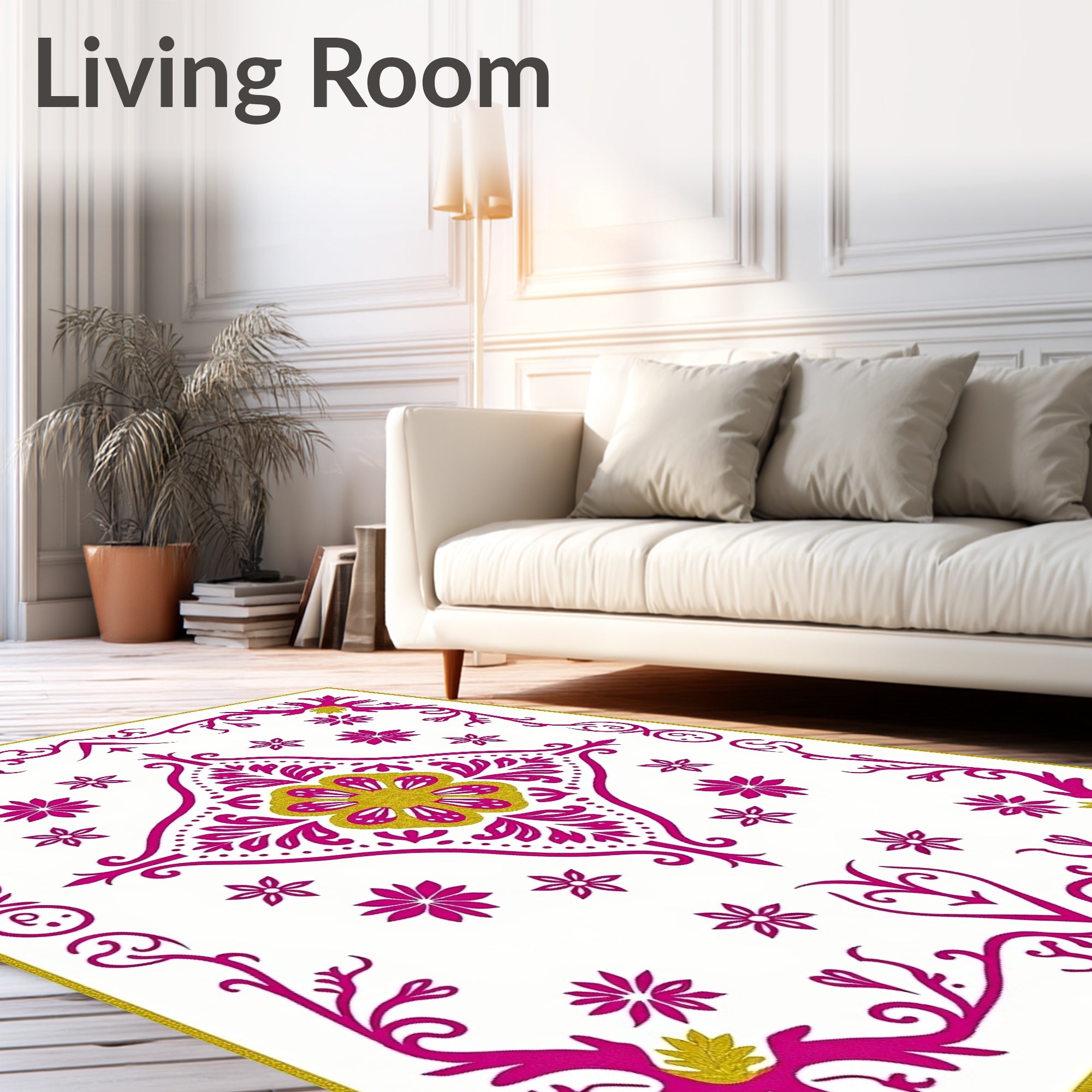 Fuchsia Gold Floral Medallion Border Rug