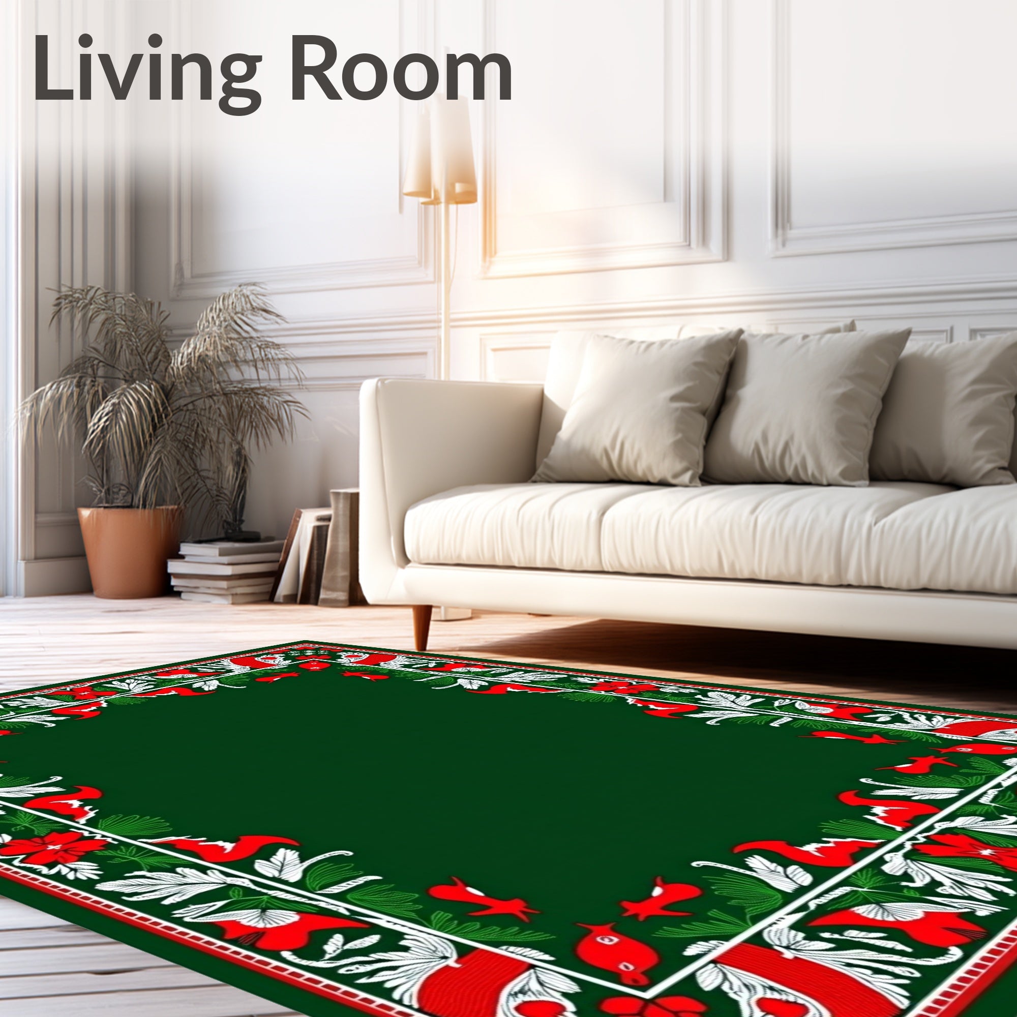 Emerald Red White Folk Art Animals Rug