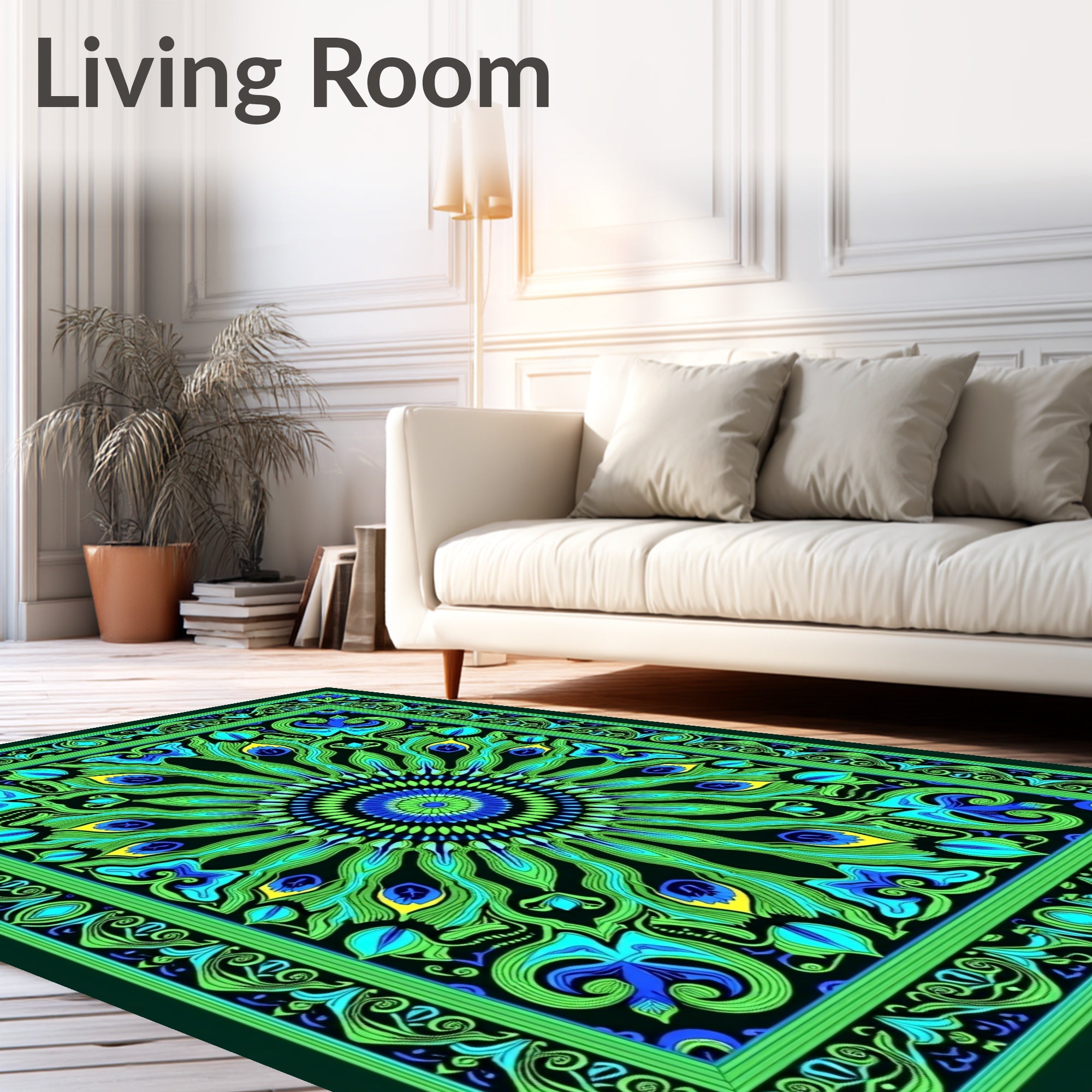 Vibrant Peacock Feather Medallion Rug