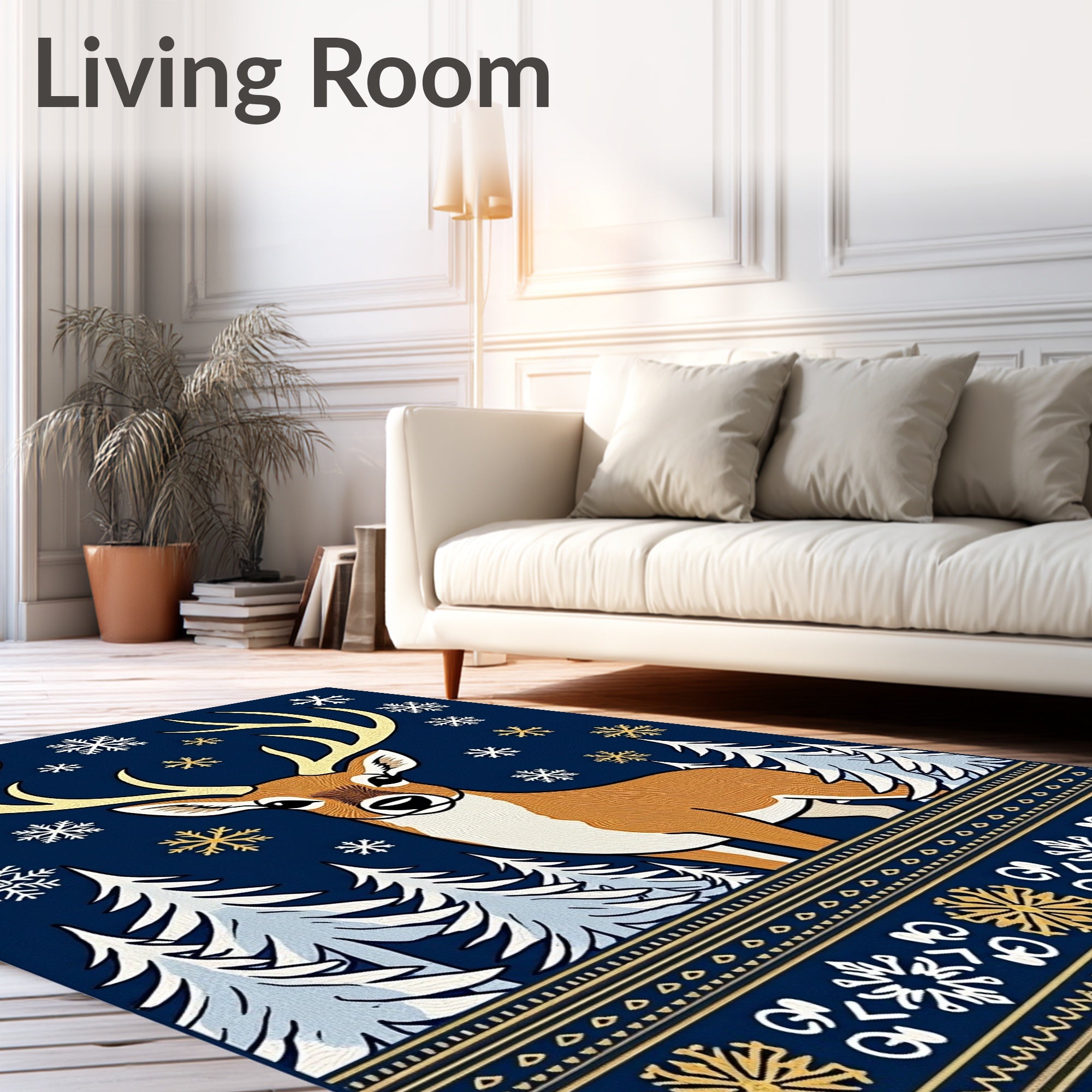 Golden Antler Stag Winter Snowflake Border Rug