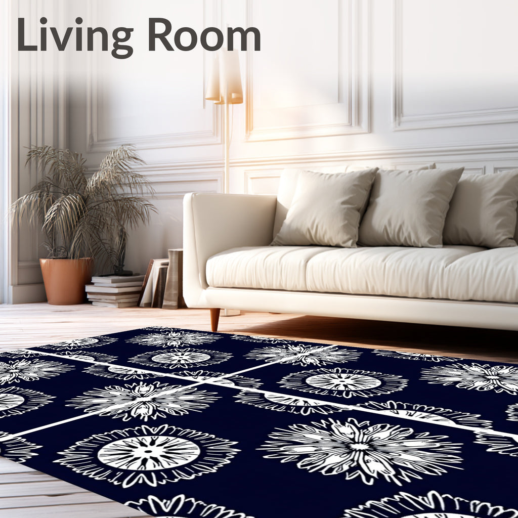 Navy White Radial Sunburst Medallion Rug