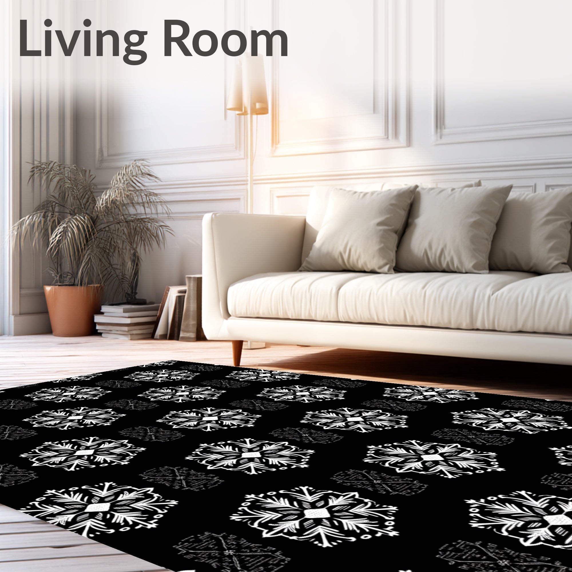 Monochromatic Black White Snowflake Mandala Rug