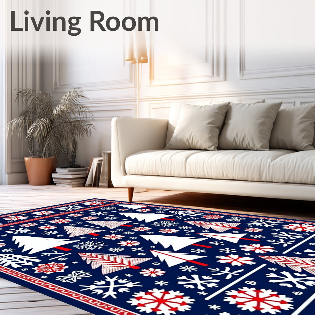Red White Blue Christmas Trees Snowflakes Rug