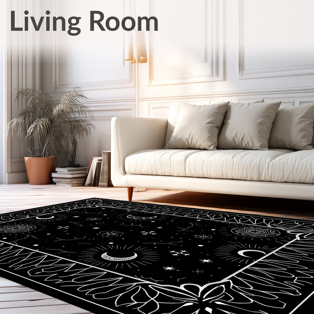 Celestial Black White Starry Moon Medallion Rug