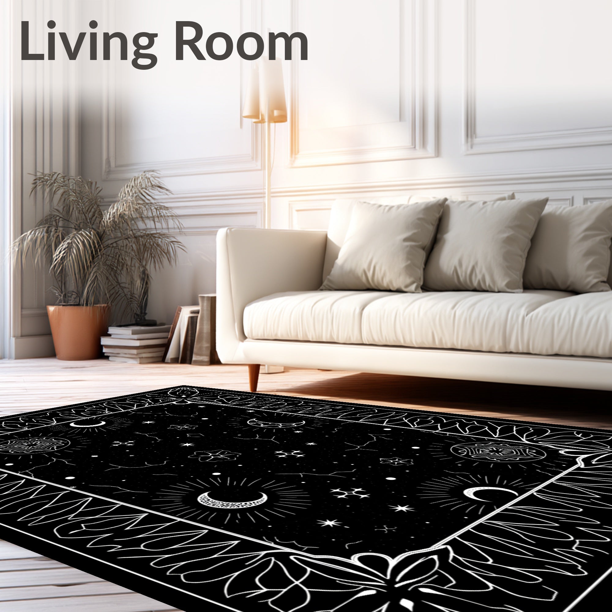 Celestial Black White Starry Moon Medallion Rug