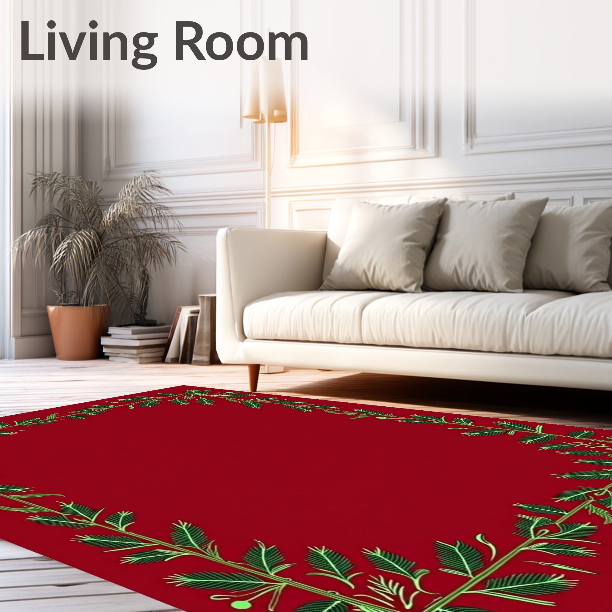 Festive Red Green Leaf Garland Border Rug