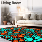 Retro Aqua Orange Floral Swirls Rug
