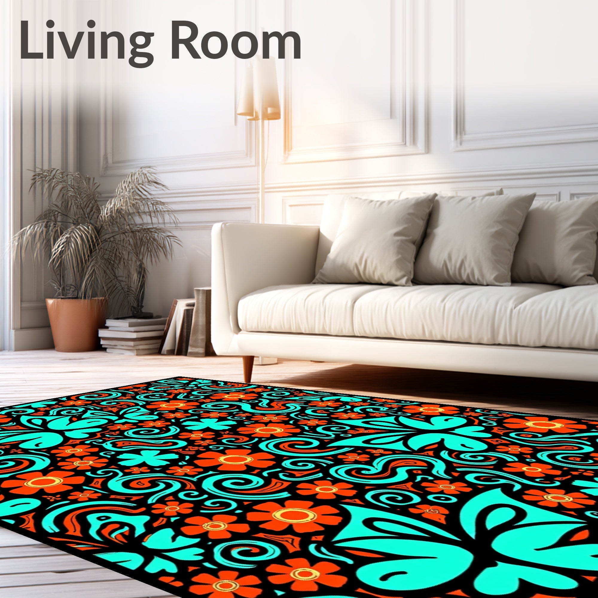 Retro Aqua Orange Floral Swirls Rug