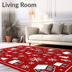 Cozy Red Christmas Village Snowflakes Rug