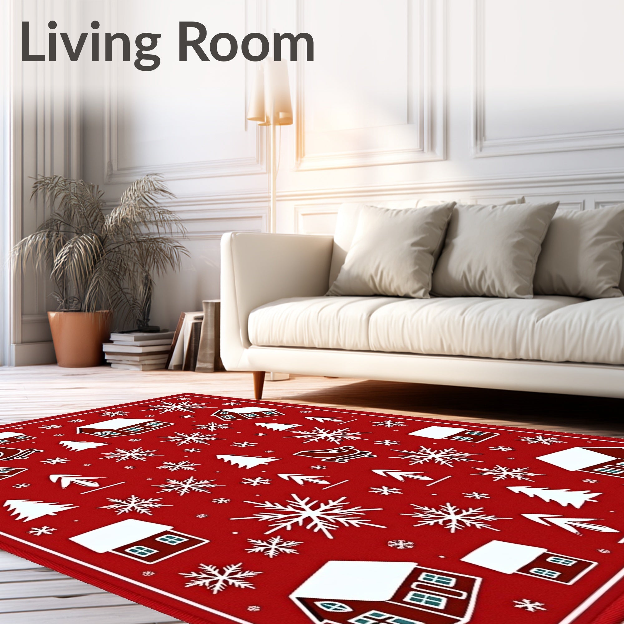 Cozy Red Christmas Village Snowflakes Rug
