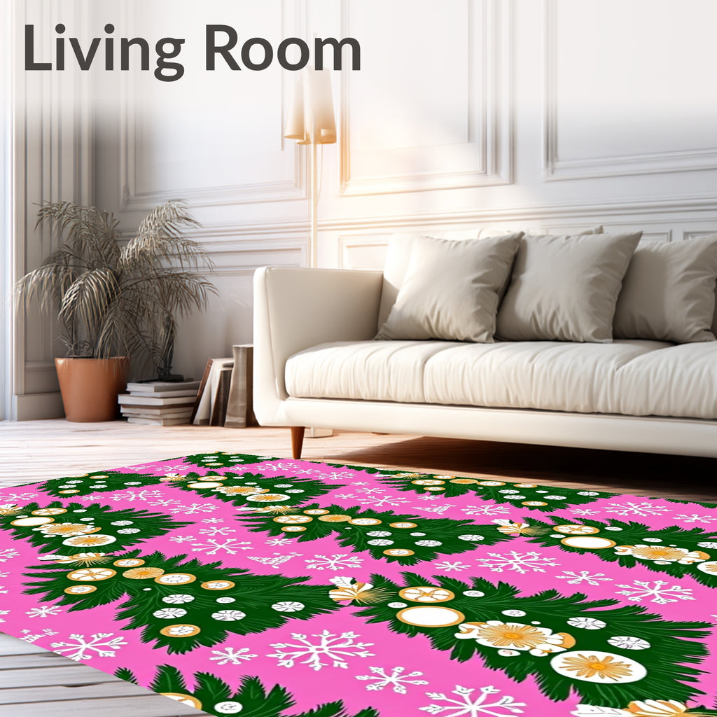 Festive Green Christmas Trees Snowflakes Rug