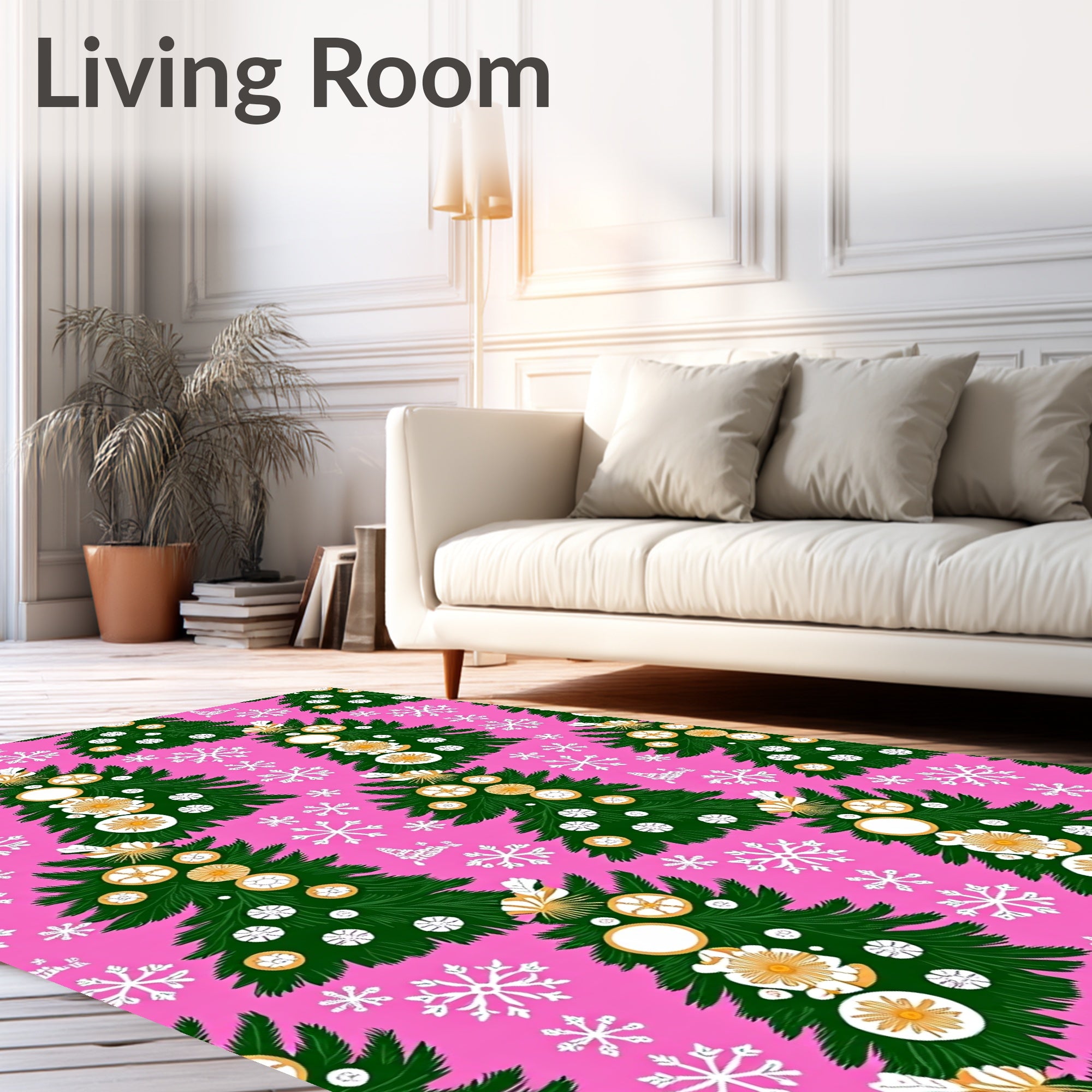 Festive Green Christmas Trees Snowflakes Rug