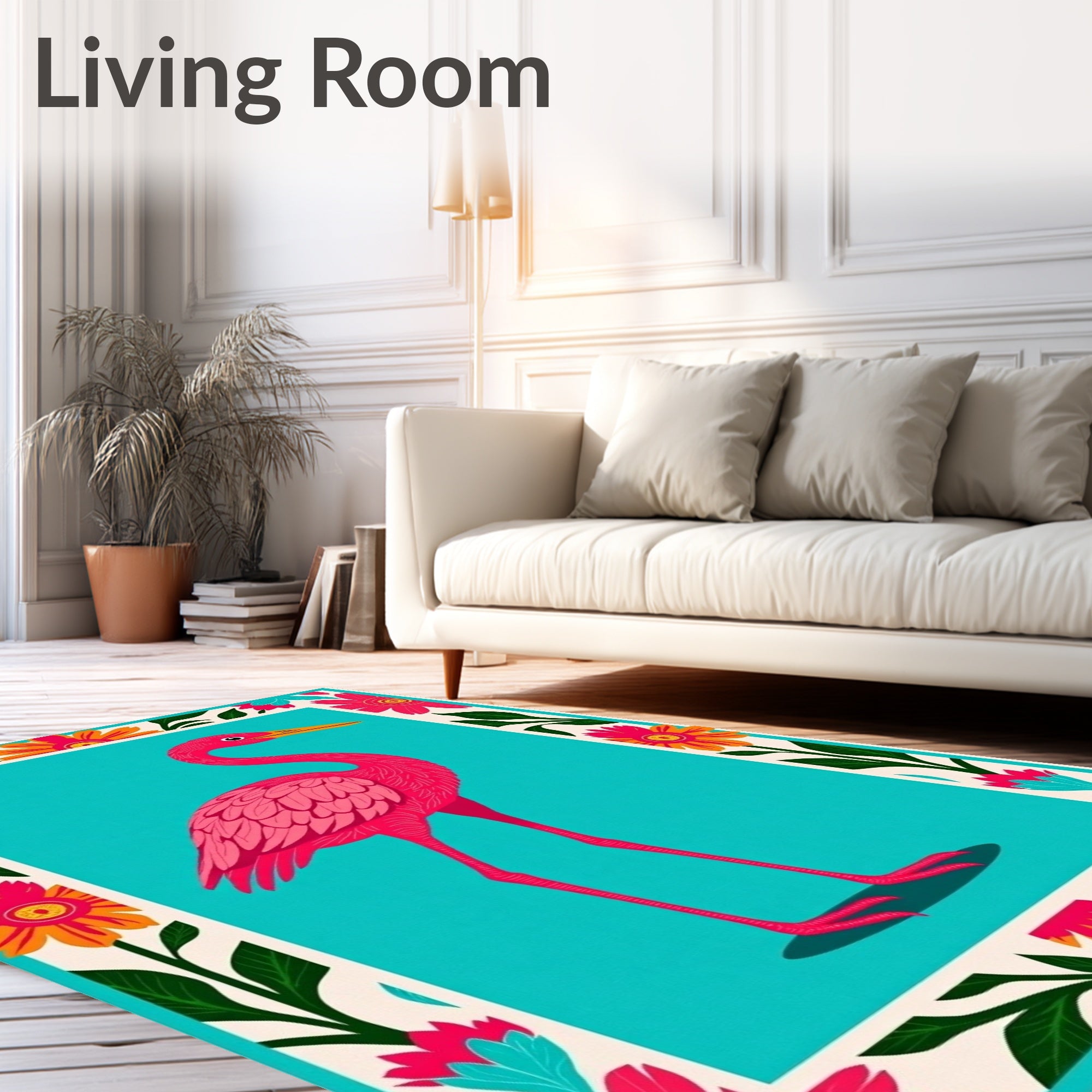 Vibrant Pink Flamingo Tropical Floral Border Rug