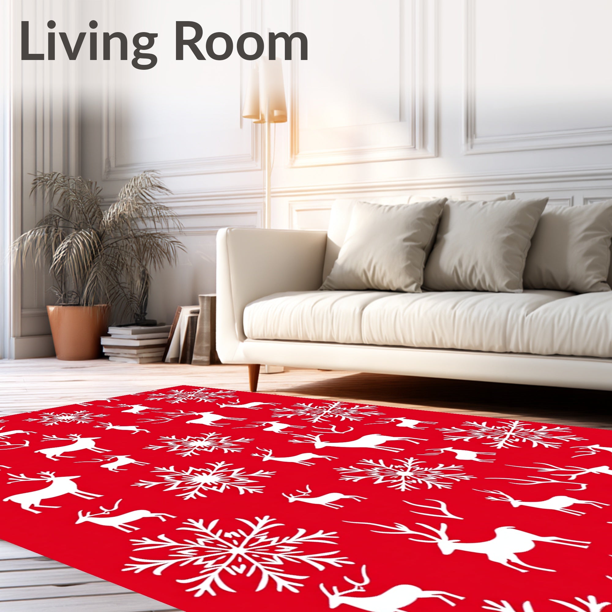 Red White Reindeer Snowflake Collection Rug
