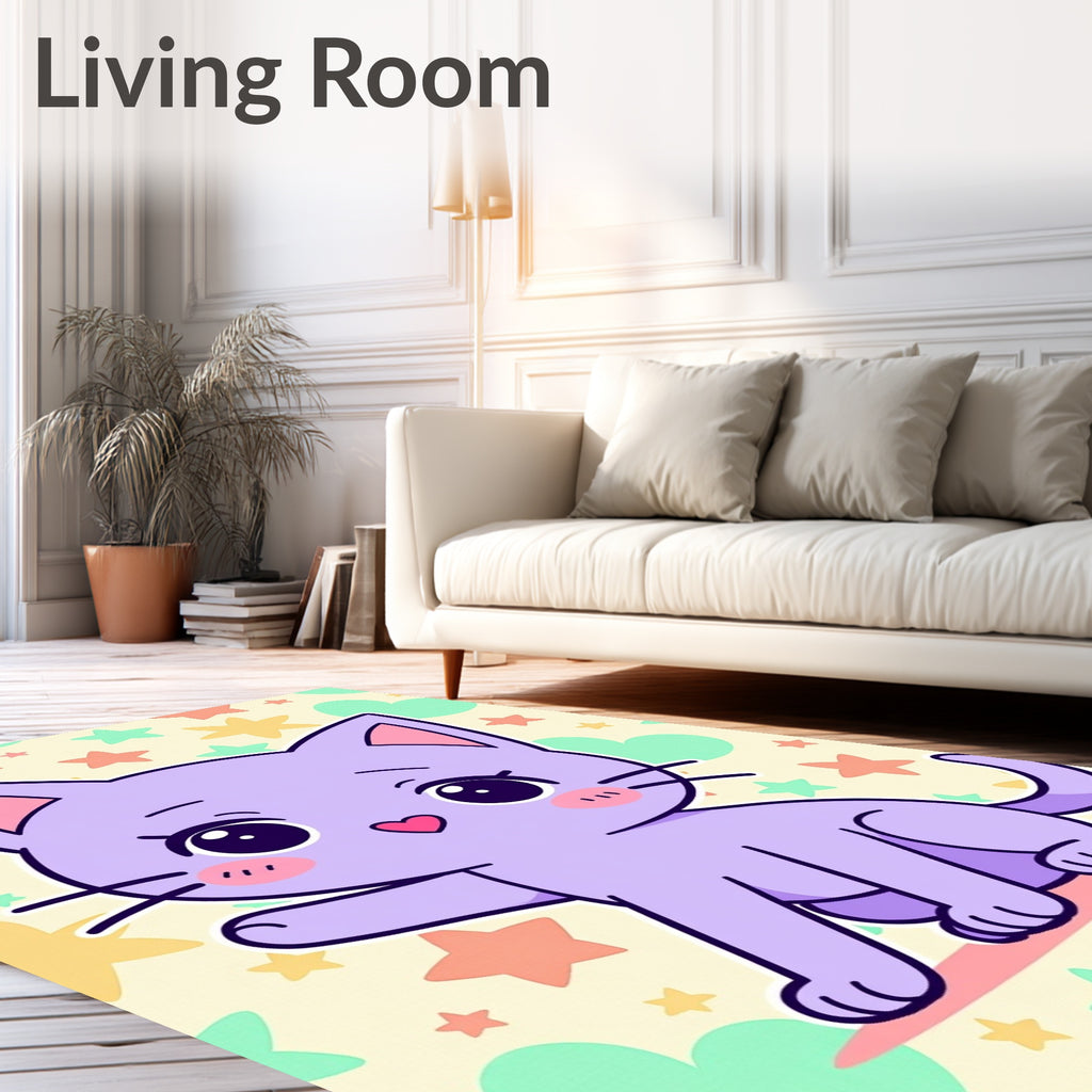 Whimsical Lilac Cat Starry Background Rug