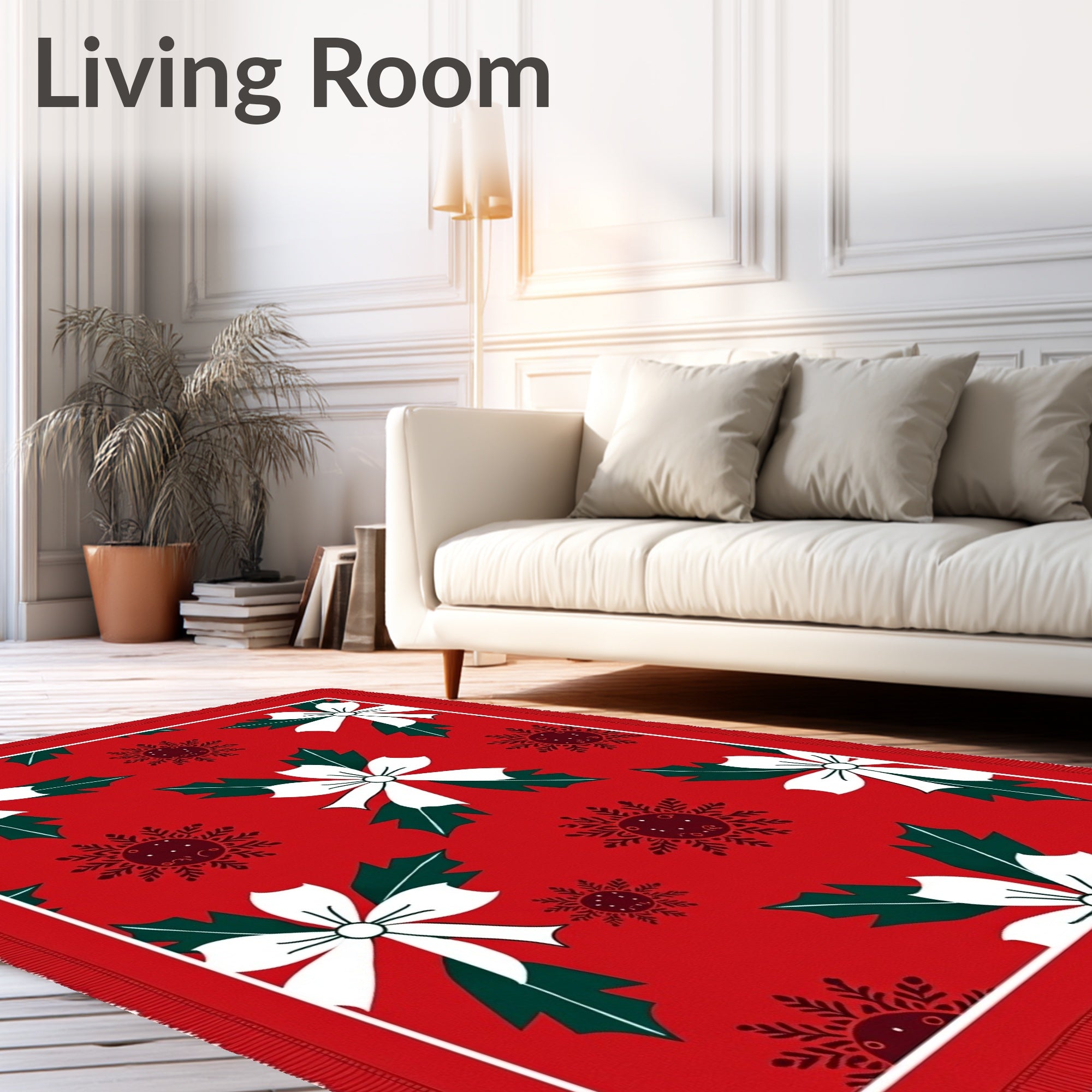 Red White Holly Bow Snowflake Rug