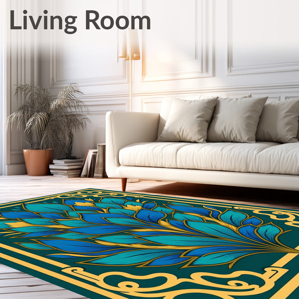 Luxe Teal Blue Golden Bloom Rug