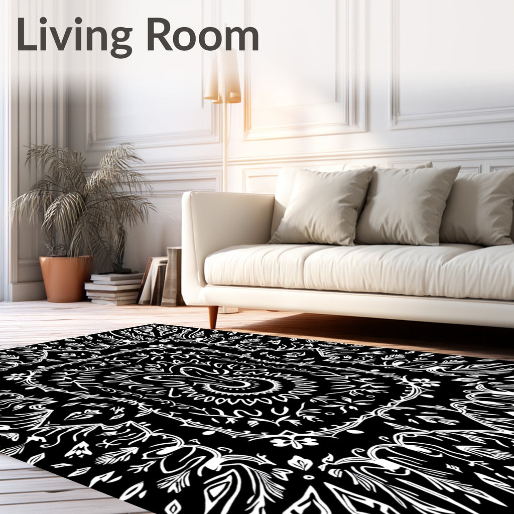 Black White Folk Art Garden Rug