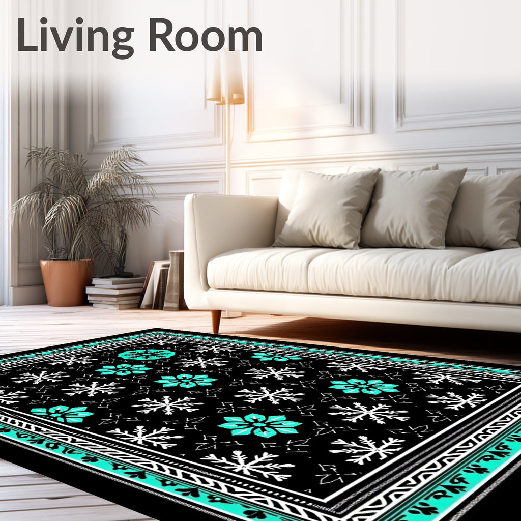Black Snowflake Teal Floral Geometric Border Rug